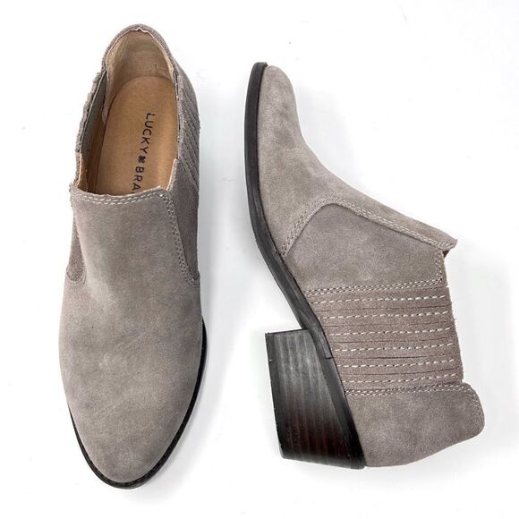 Lucky Brand Folley Taupe Suede Leather Pull On Low Block Heel Bootie 7.5 - Picture 11 of 11